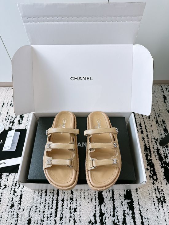 Chanel Genuine Leather Hook Loop Sandals Durable Daily Footwear