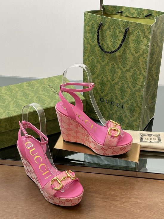 Gucci Horsebit Decor Platform Wedge Sandals Genuine Leather Sole