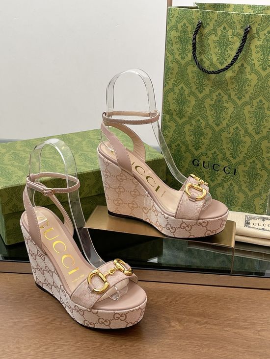 Gucci Horsebit Decor Platform Wedge Sandals Genuine Leather Sole