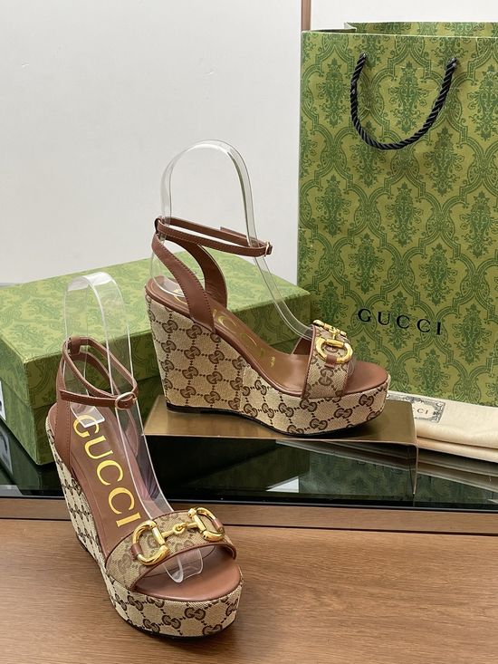 Gucci Horsebit Decor Platform Wedge Sandals Genuine Leather Sole