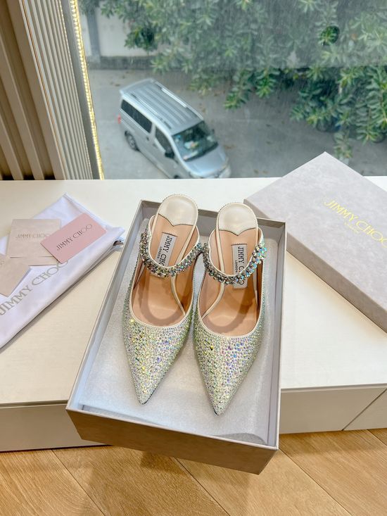 Jimmy Choo Rhinestone Decor Pointed Toe Chunky Heel Elegant Pumps