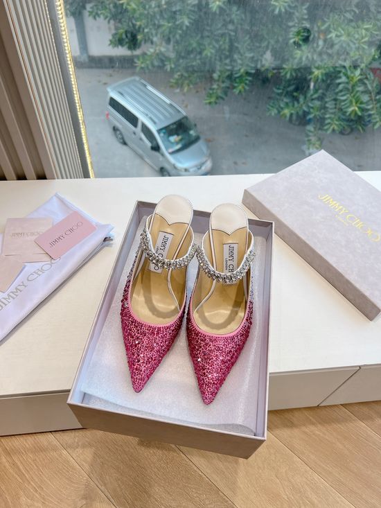 Jimmy Choo Rhinestone Decor Pointed Toe Chunky Heel Elegant Pumps