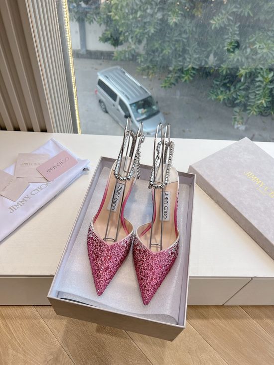 Jimmy Choo Rhinestone Decor Pointed Toe Chunky Heel Elegant Pumps