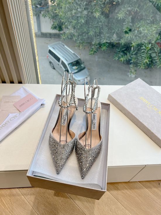 Jimmy Choo Rhinestone Decor Pointed Toe Chunky Heel Elegant Pumps