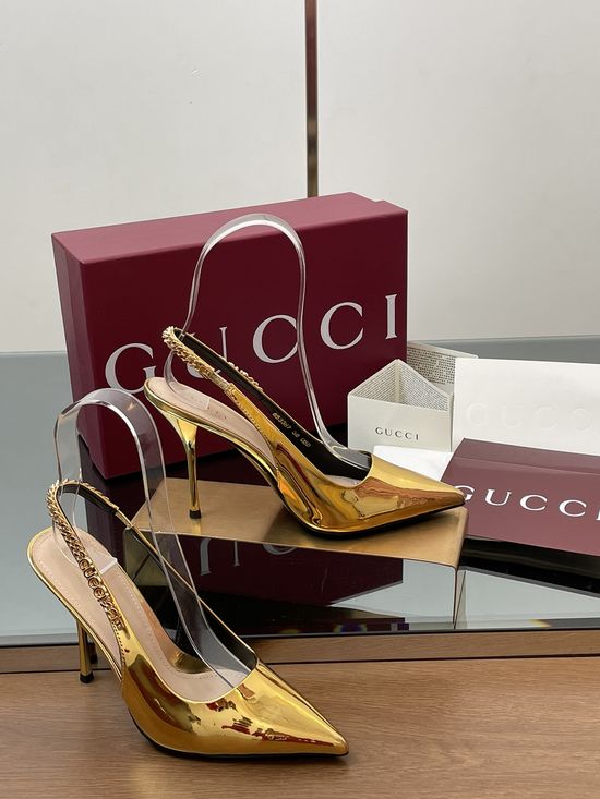 Gucci Metallic Leather Pointed Toe Chain Decor Heeled Sandals