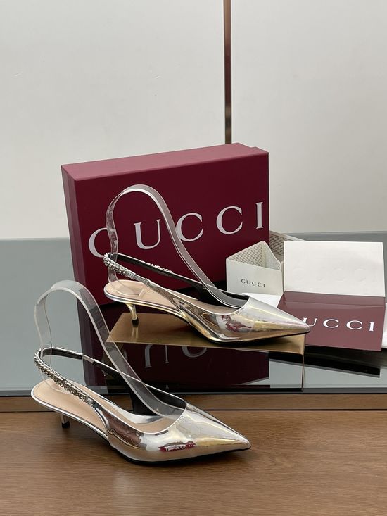 Gucci Metallic Leather Pointed Toe Chain Decor Heeled Sandals
