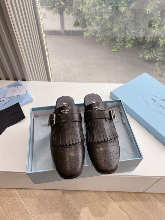 Prada Waxed Leather Tassel Thick Sole Casual Daily Slides