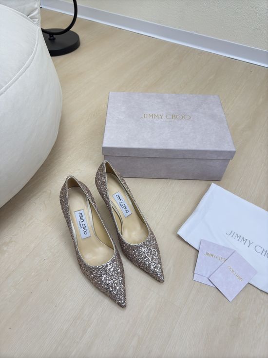 Jimmy Choo Champagne Gold Sequin Stiletto Pumps Leather Sole