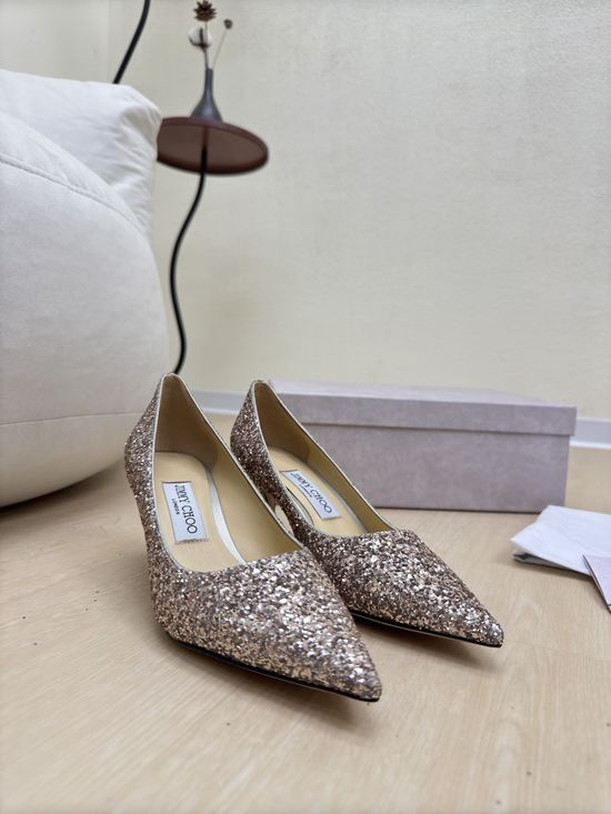 Jimmy Choo Champagne Sequin High Heel Pumps with Leather Sole