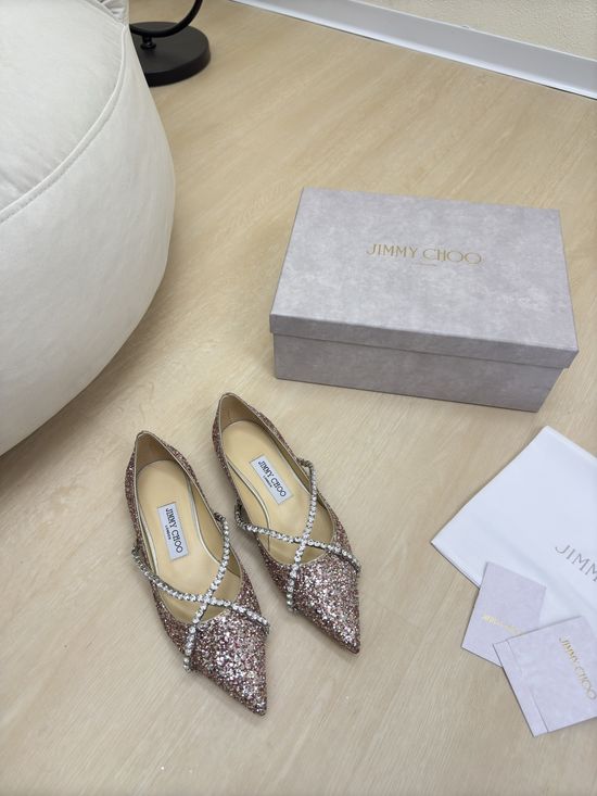 Jimmy Choo Pink Gold Sequin Rhinestone Buckle Pointed Toe Flats