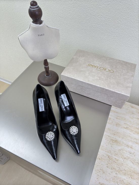Jimmy Choo Black Leather Rhinestone Embellished Pointed Toe Heels