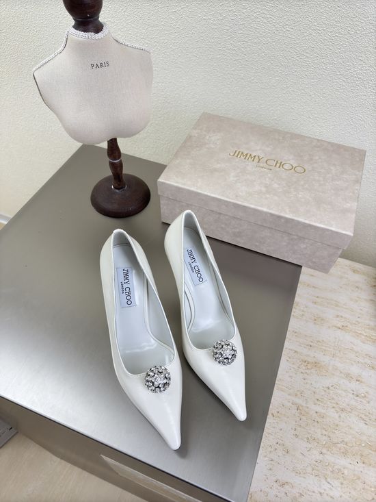 Jimmy Choo White Leather Pointed Toe Pumps with Crystal Ornament