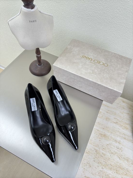 Jimmy Choo Black Leather Pointed Toe Pumps with Crystal Logo Accent