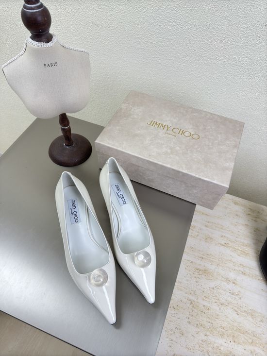 Jimmy Choo White Leather Pointed Toe Pumps with Crystal Logo Accent