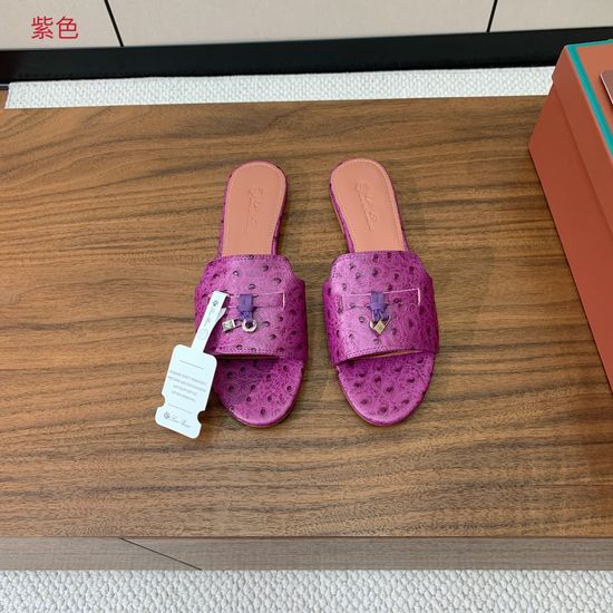 Loro Piana Ostrich Embossed Leather Flat Slide Sandals