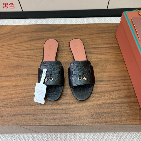 Loro Piana Ostrich Embossed Leather Flat Slide Sandals