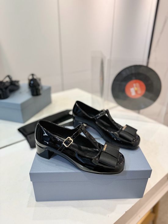 Prada Velvet Bow Chunky Heel Mary Jane Pumps With Metal Logo