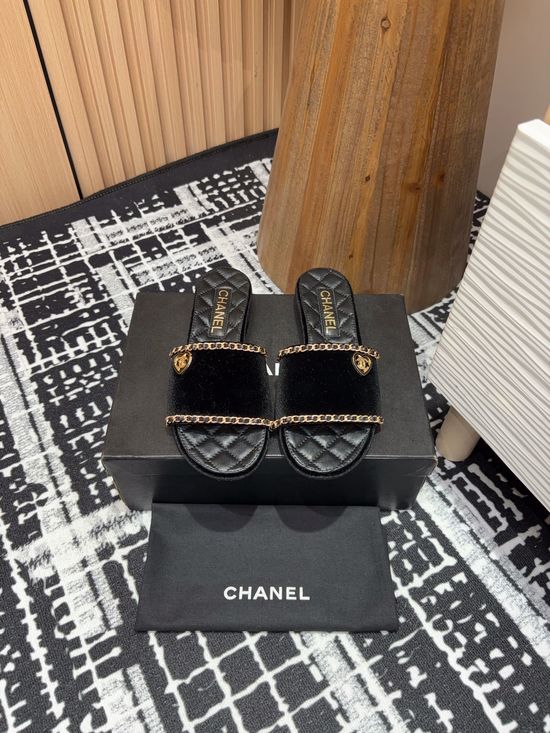 Chanel Lambskin Slide Sandals with Chain Accent Leather Sole