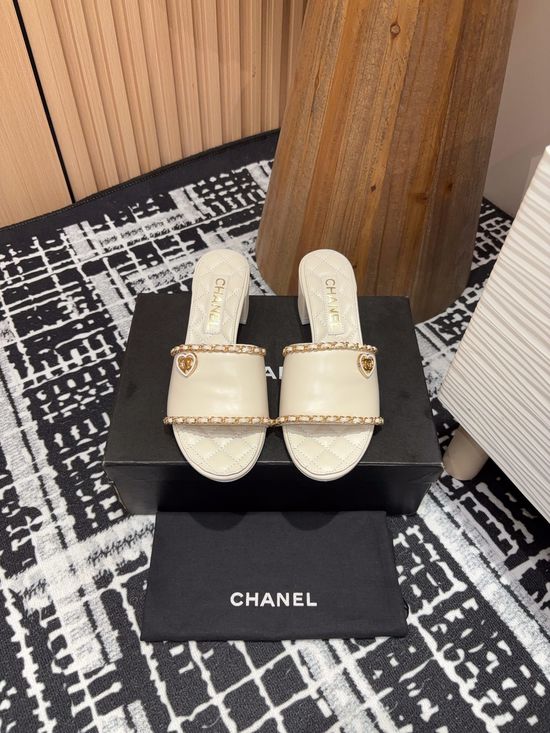 Chanel Lambskin Slide Sandals with Chain Accent Leather Sole