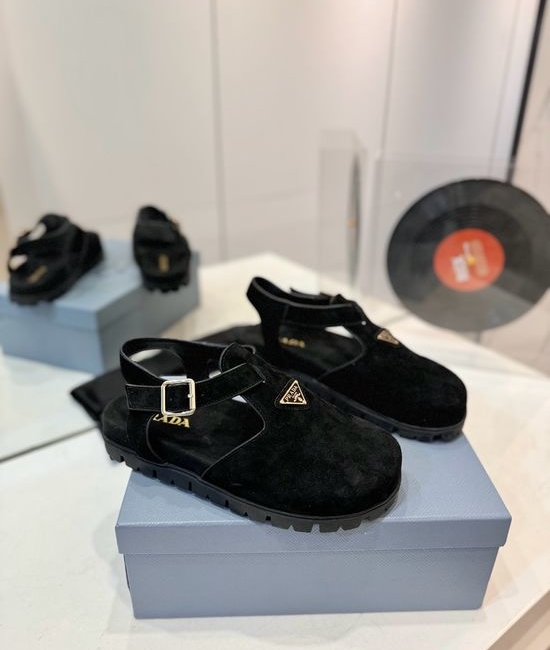 Prada Stylish T-Strap Sandals with Metal Buckle Upper Suede Leather
