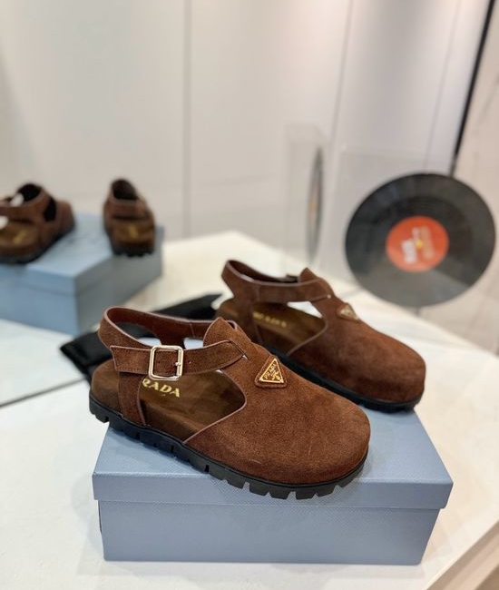 Prada Stylish T-Strap Sandals with Metal Buckle Upper Suede Leather
