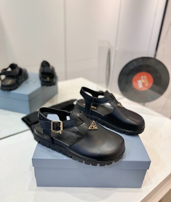 Prada Stylish T-Strap Sandals with Metal Buckle Upper Suede Leather