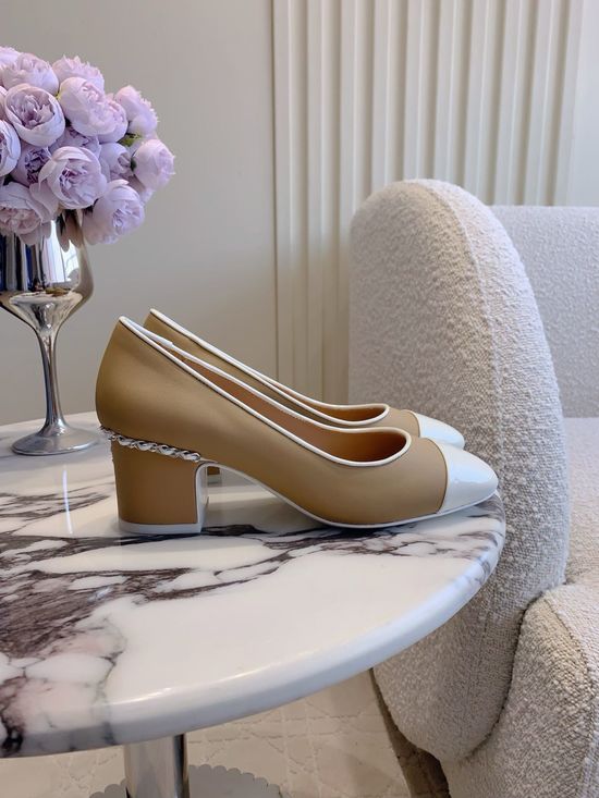 Chanel Elegant Chunky Heel Pumps with Chain Decoration