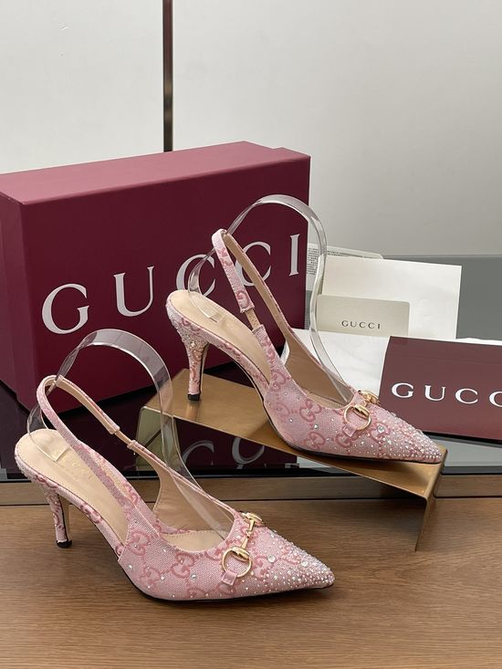 Gucci Crystal Embellished Pointed Toe Slingback Kitten Heel Sandals