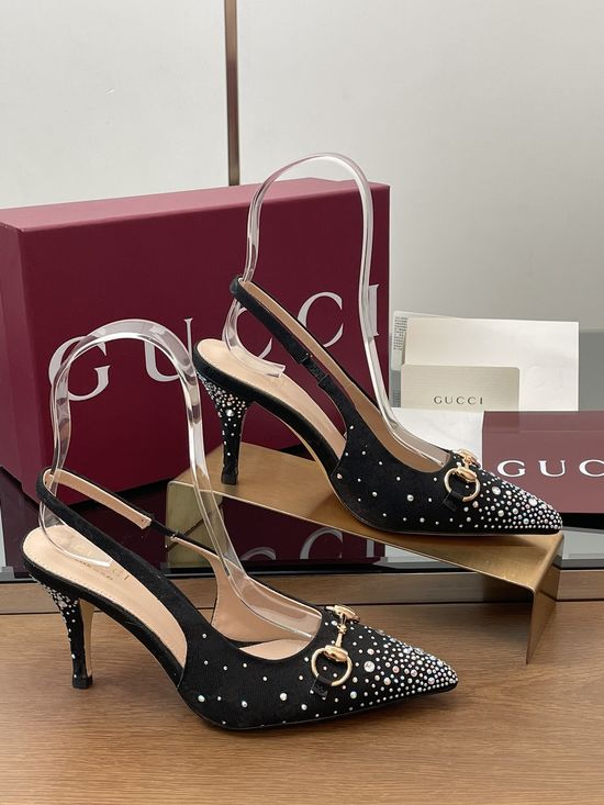 Gucci Crystal Embellished Pointed Toe Slingback Kitten Heel Sandals
