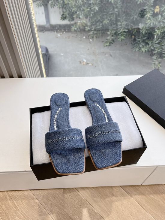 Alexander Wang Leather And Denim Flat Sandals Slip On