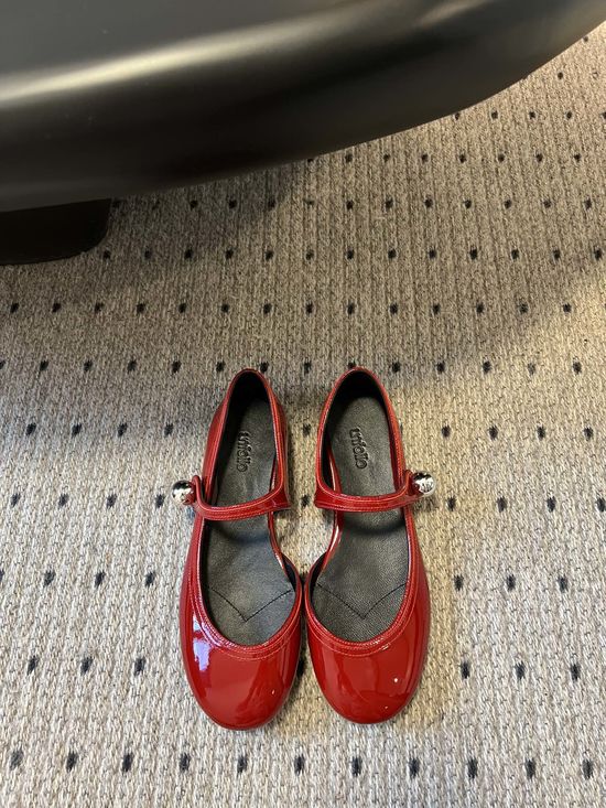 Miu Miu Red Patent Leather Mary Janes with Metal Ball Decor
