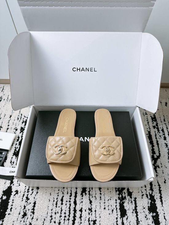 Chanel Quilted Buckle Flat Slide Sandals with Leather Sole