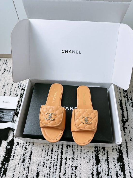 Chanel Quilted Buckle Flat Slide Sandals with Leather Sole