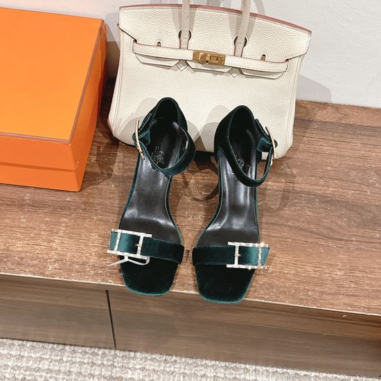 Hermes Elegant Buckle Decor Heeled Sandals Premium Leather Fashion Shoes