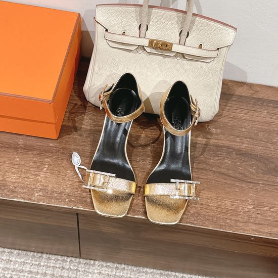 Hermes Elegant Buckle Decor Heeled Sandals Premium Leather Fashion Shoes