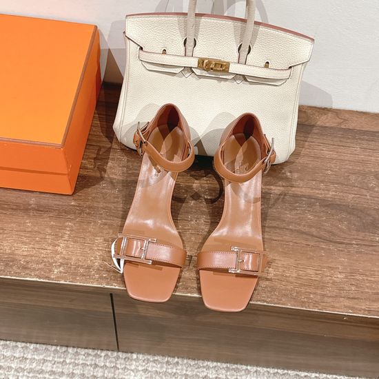 Hermes Elegant Buckle Decor Heeled Sandals Premium Leather Fashion Shoes