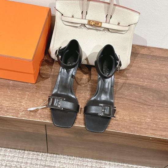 Hermes Elegant Buckle Decor Heeled Sandals Premium Leather Fashion Shoes
