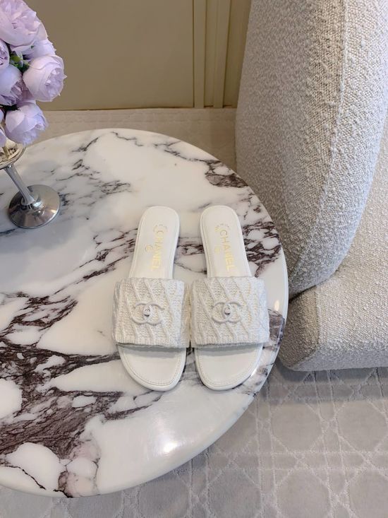 Chanel Classic Woven Slip On Slides with Logo Decoration
