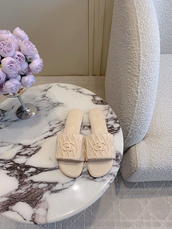 Chanel Classic Woven Slip On Slides with Logo Decoration