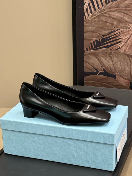 Prada Chic Square Toe Block Heel Leather Dress Shoes