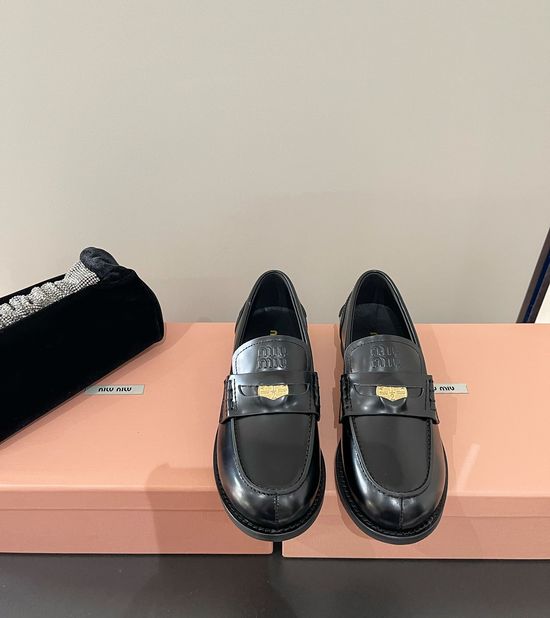 Miu Miu Patent Leather Coin Decor Flat Heel Loafer Shoes Comfortable