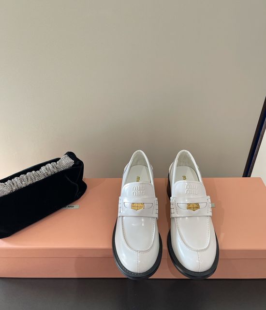Miu Miu Patent Leather Coin Decor Flat Heel Loafer Shoes Comfortable