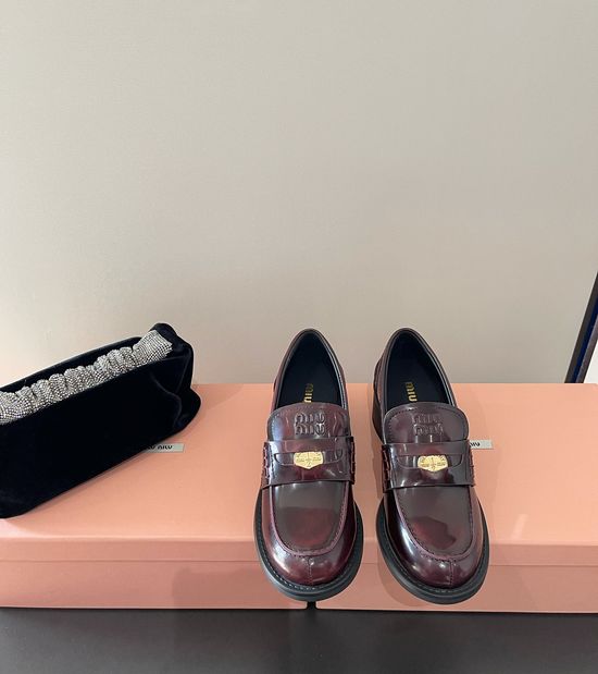 Miu Miu Patent Leather Coin Decor Flat Heel Loafer Shoes Comfortable
