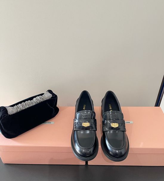 Miu Miu Patent Leather Coin Decor Flat Heel Loafer Shoes Comfortable