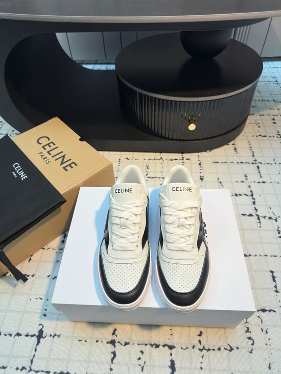 Celine Cowhide Leather Lace-up Thick Sole Casual White Sneakers