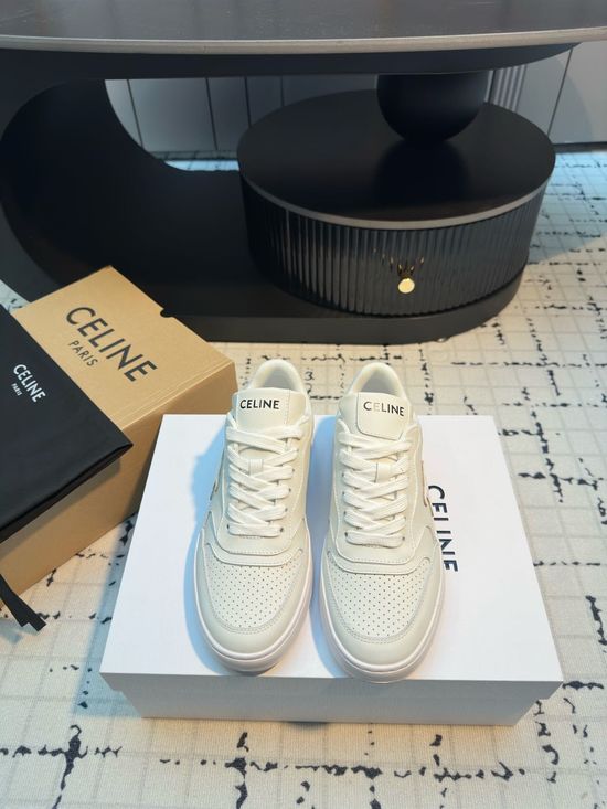 Celine Cowhide Leather Lace-up Thick Sole Casual White Sneakers