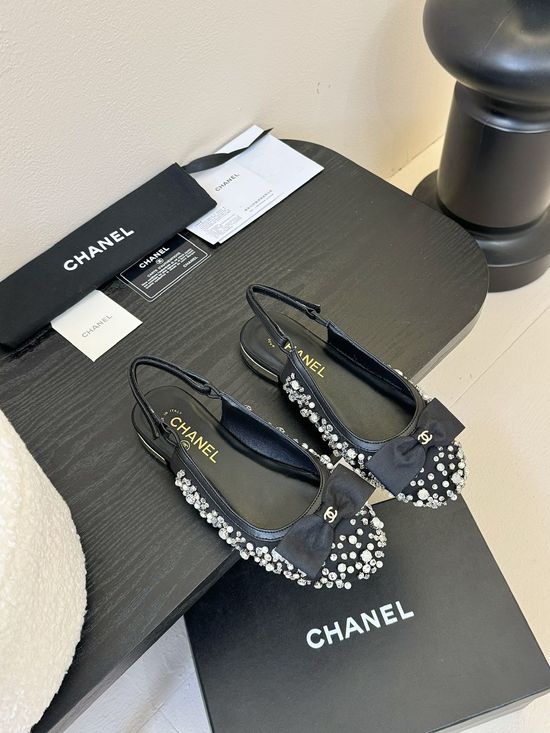 Chanel Lace Mesh Rhinestone Low Heel Elegant Sandals