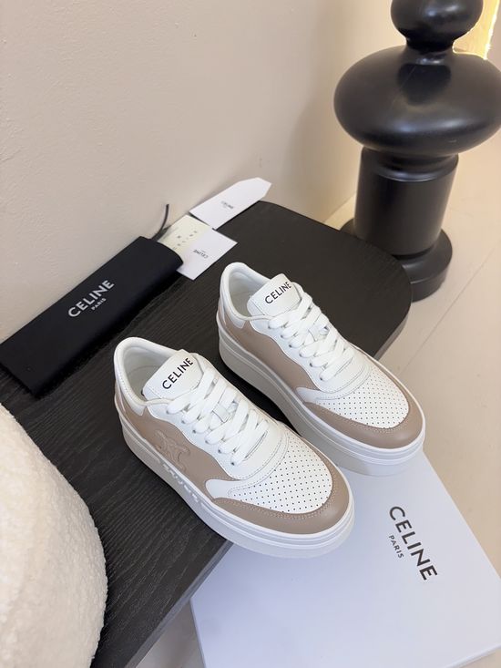 Celine Embossed Logo Thick Sole White Leather Sneakers