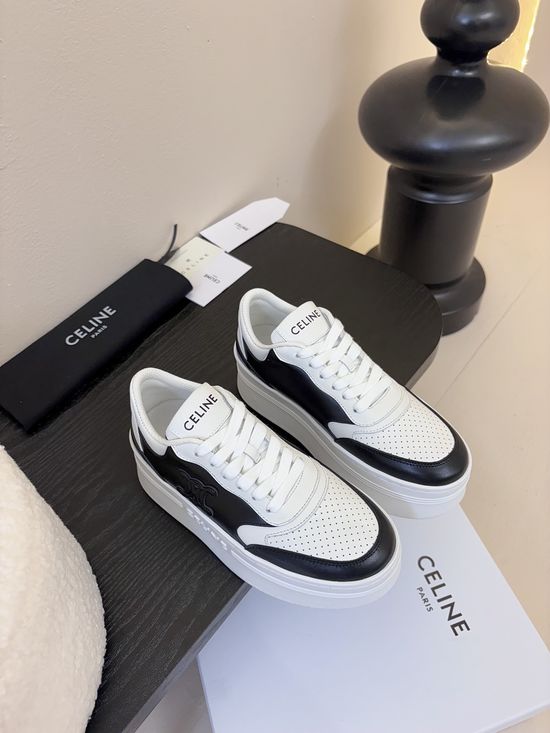Celine Embossed Logo Thick Sole White Leather Sneakers