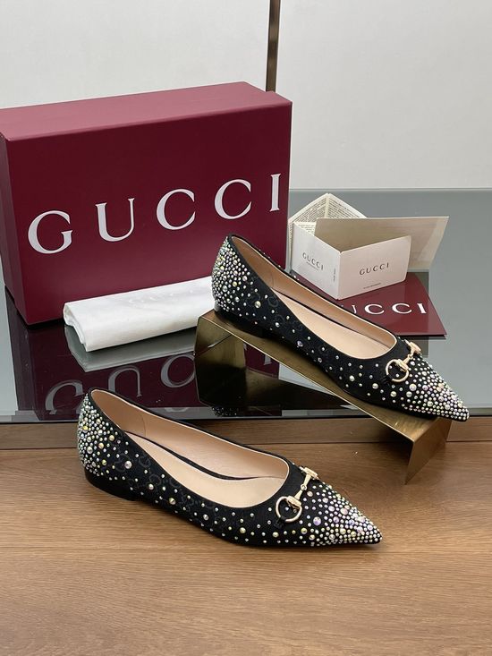 Gucci Rhinestone Decor Pointed Toe Flats Ballet Shoes Leather Sole